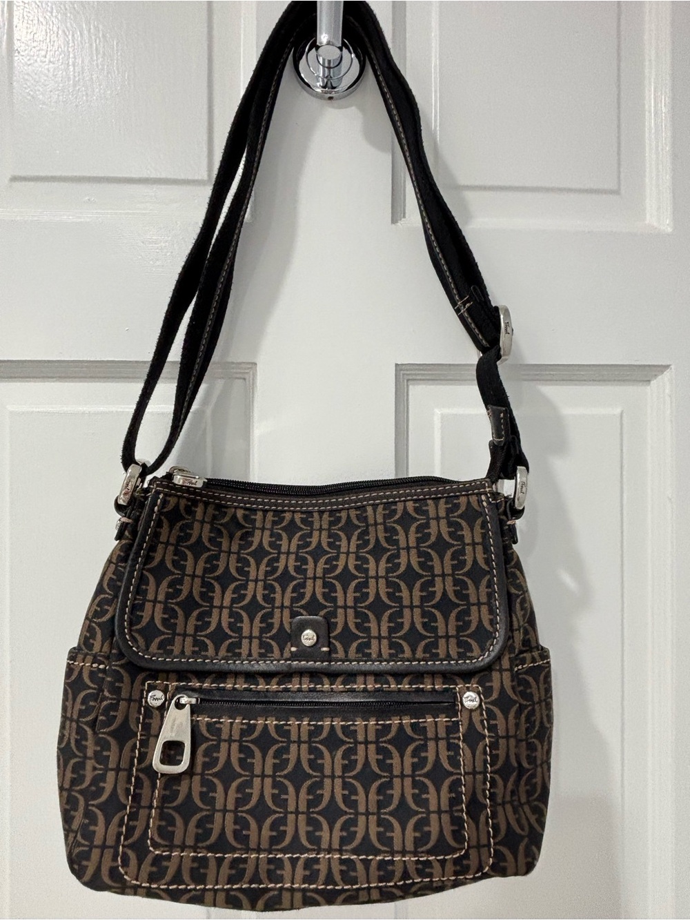 Fossil Patterned Brown Crossbody Shoulder Bag